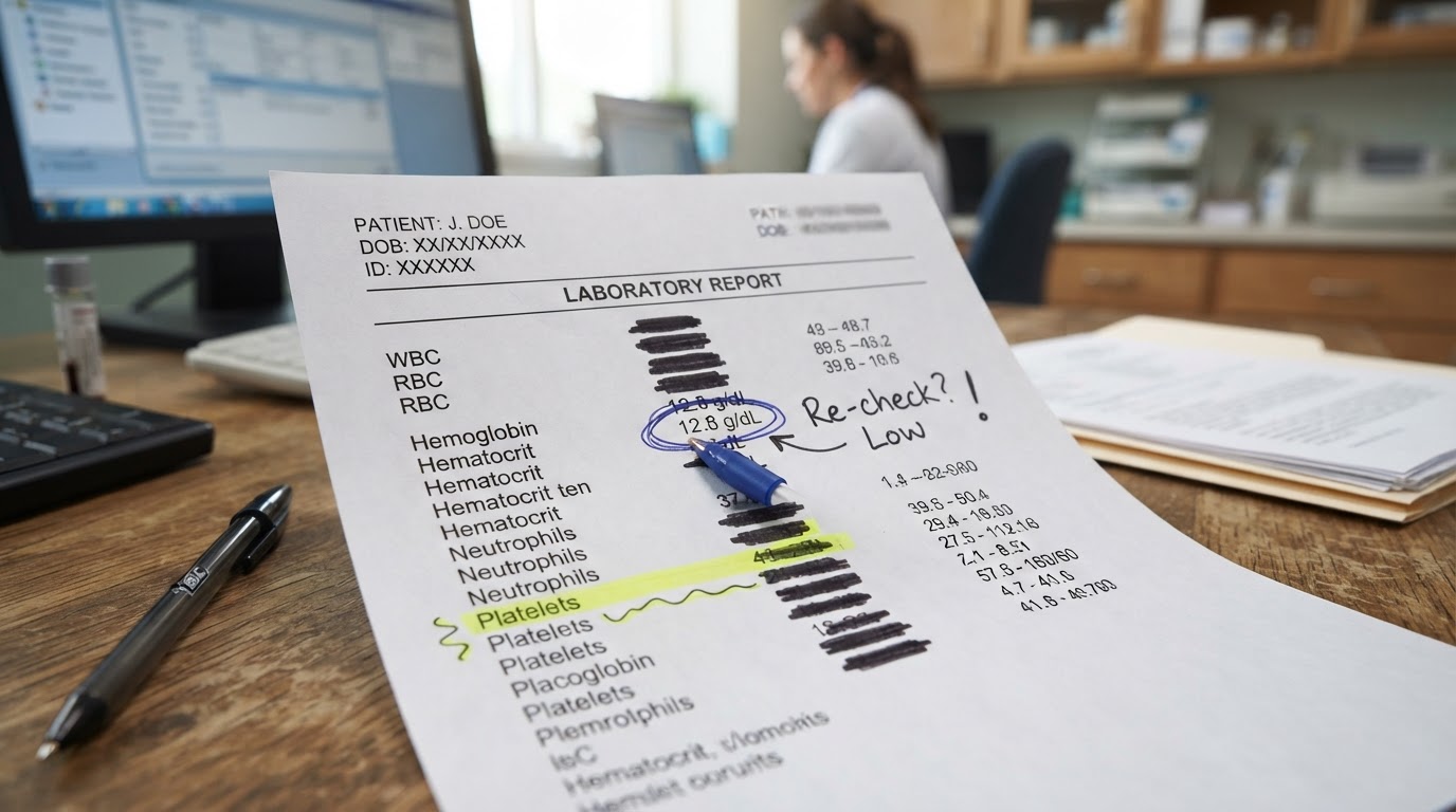 Close-up of a printed lab report with pen and highlighter annotations, values redacted