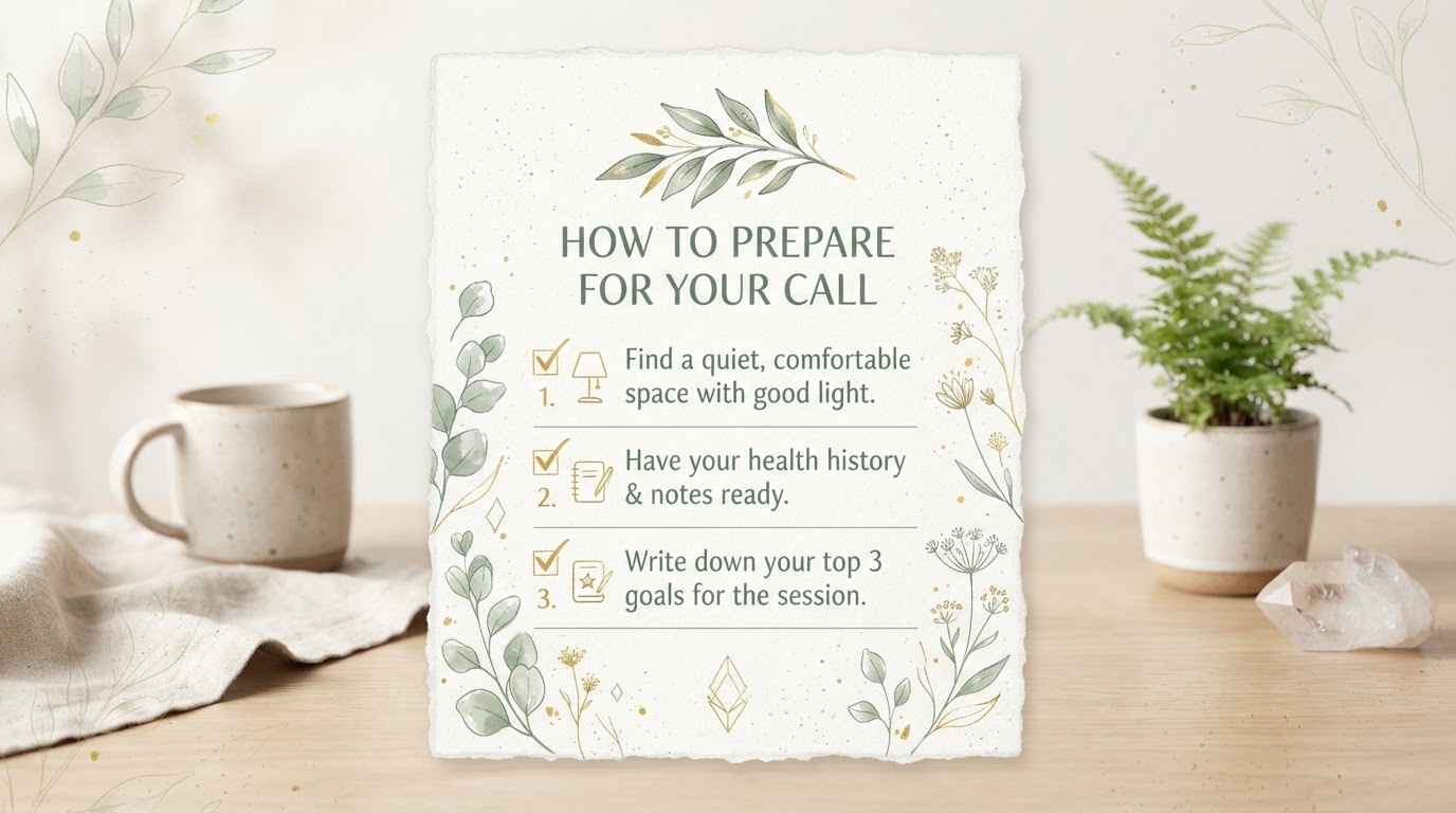 A simple checklist graphic showing how to prepare for a naturopathic discovery call