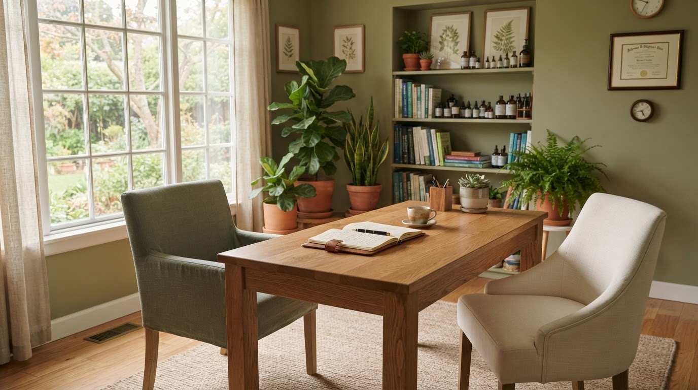 A calm, naturally lit naturopathic consultation room where an intake conversation takes place
