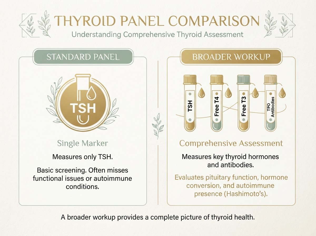 Illustration comparing a standard thyroid panel with a broader thyroid workup