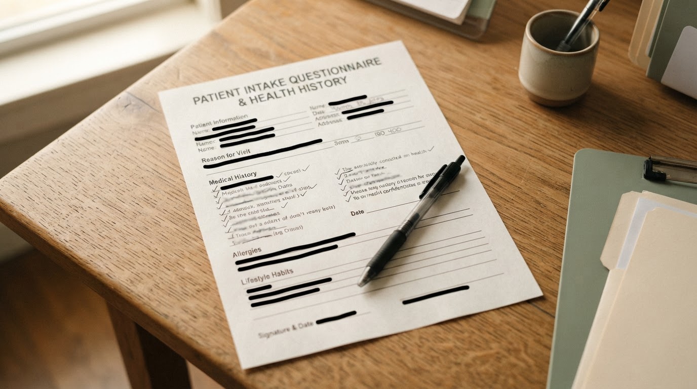 Patient intake questionnaire and health history form on a desk with a pen, San Diego naturopathic clinic