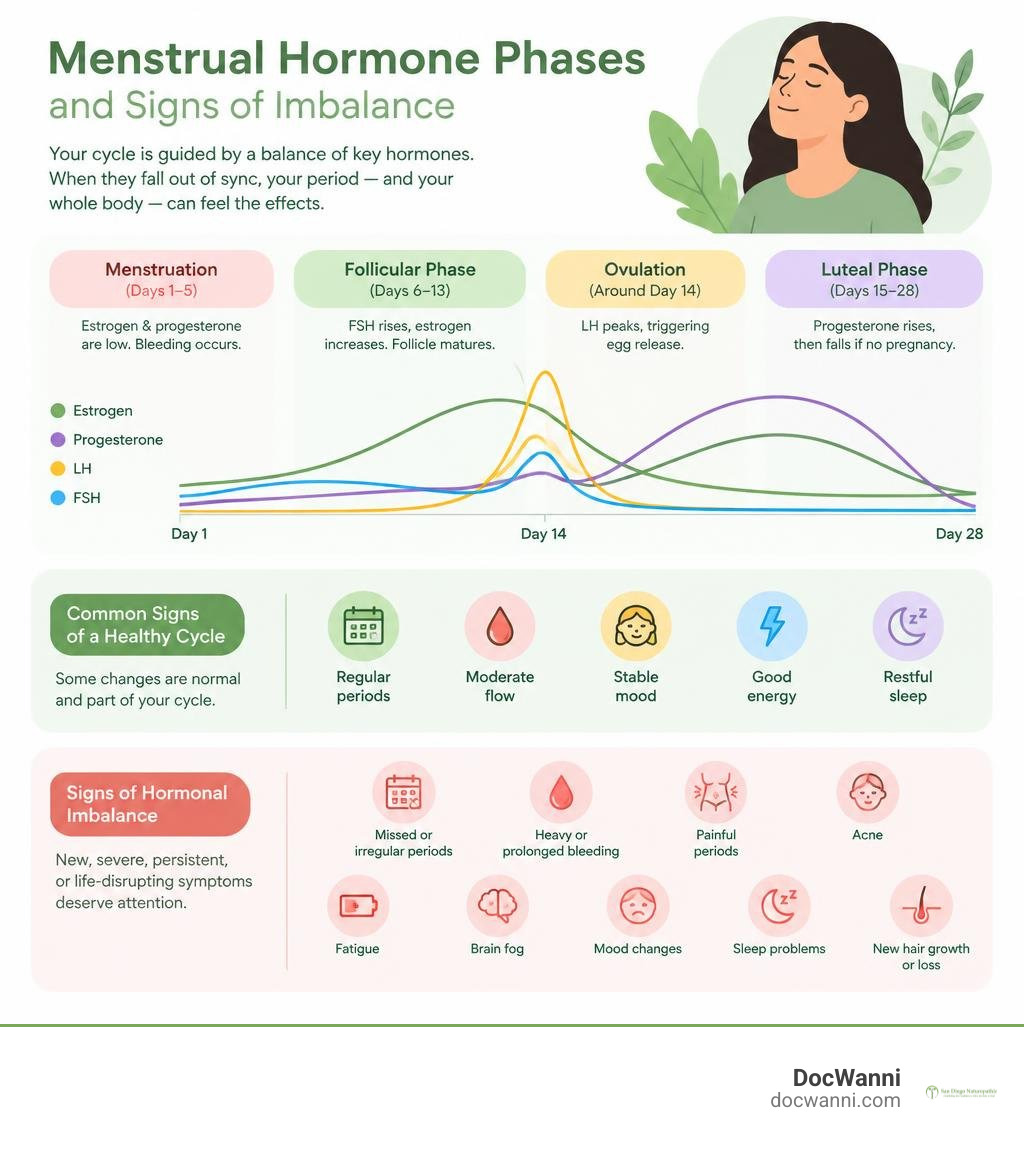 Infographic of menstrual hormone phases and signs of imbalance