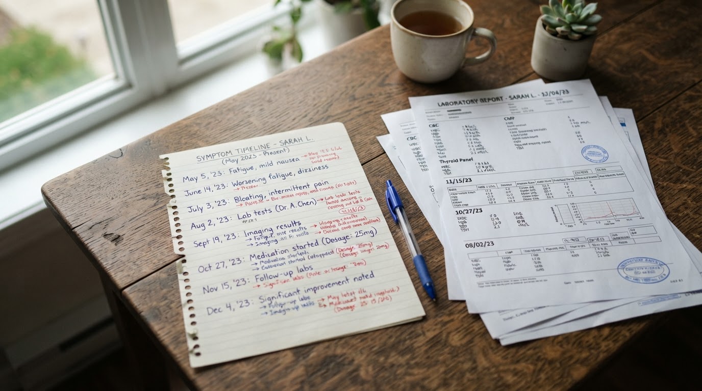 A handwritten symptom timeline on paper next to a stack of previous lab printouts