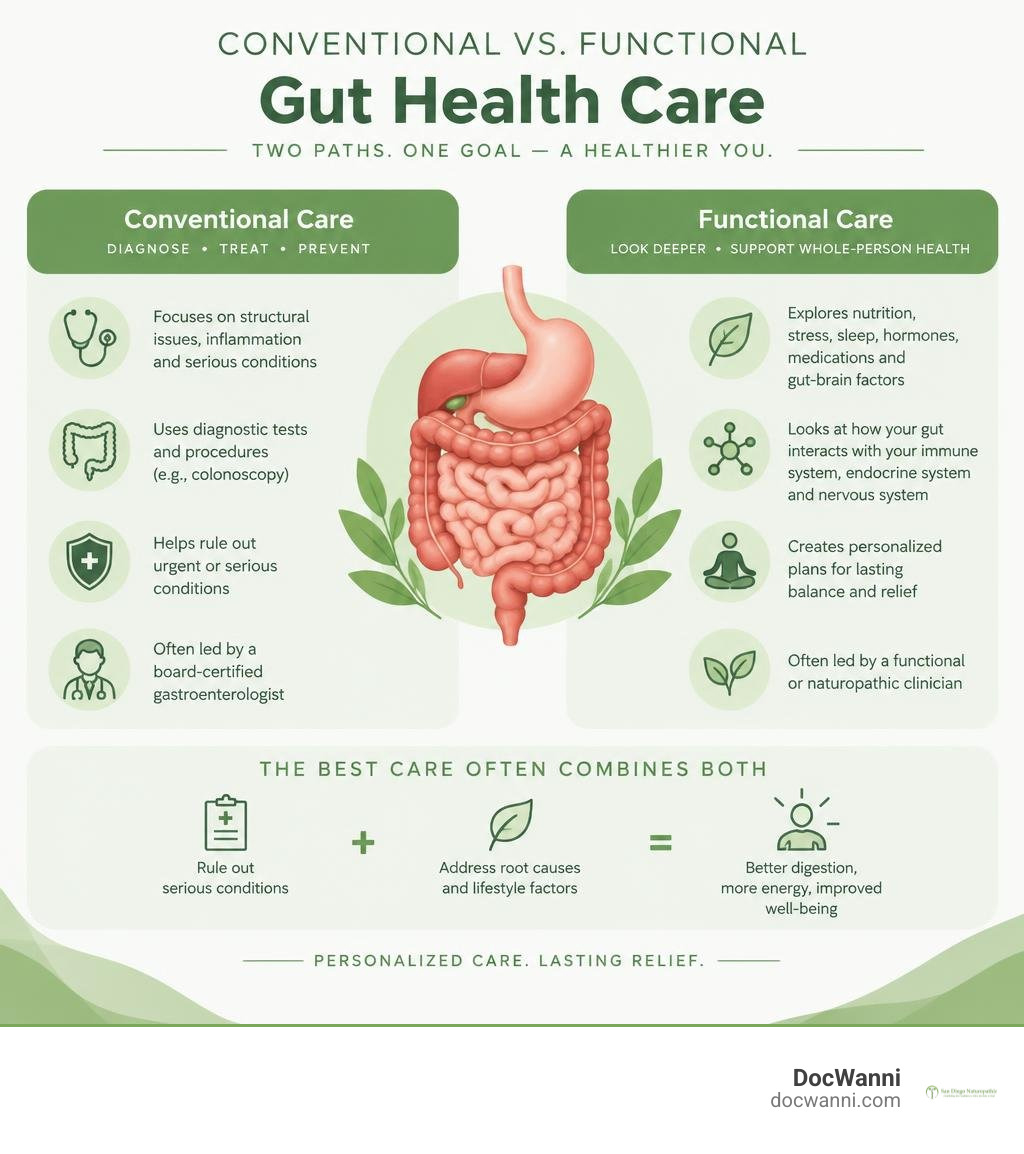 Conventional and functional gut health care comparison infographic