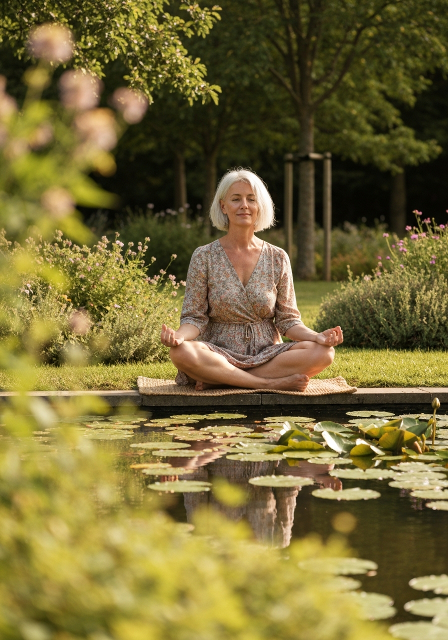 Woman in her 50s meditating by a serene pond with lily pads