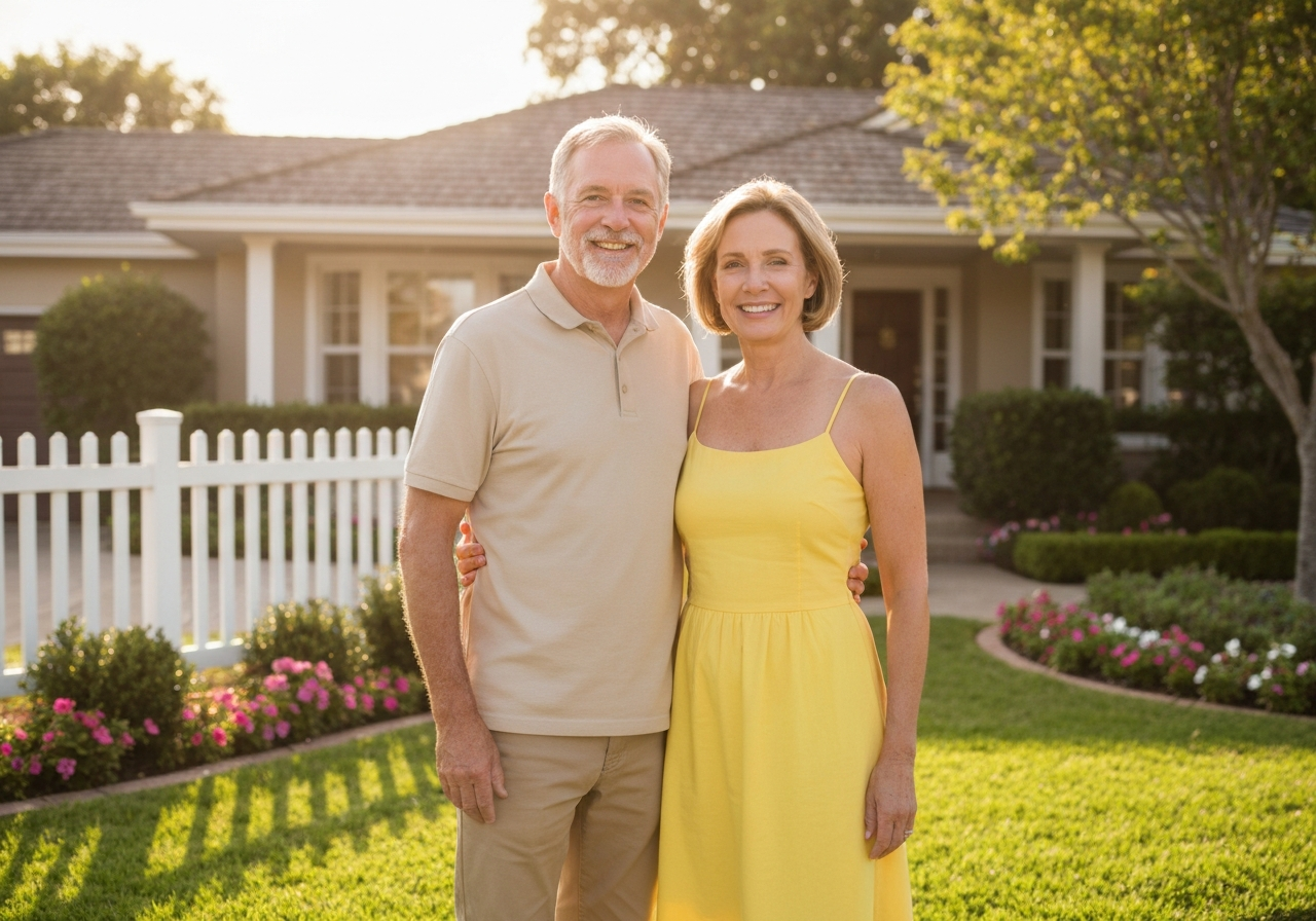 Happy senior couple in front of their home