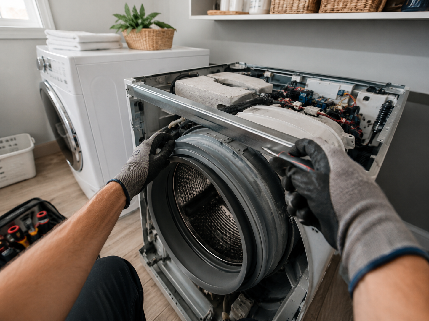 Over-the-shoulder POV of Johnn repairing a washing machine