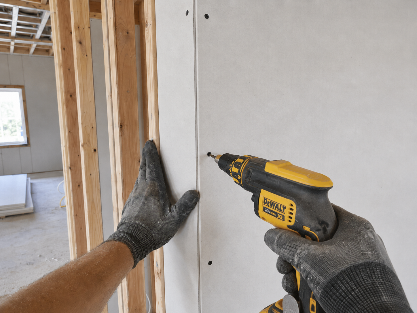 Over-the-shoulder POV of Johnn installing drywall sheets