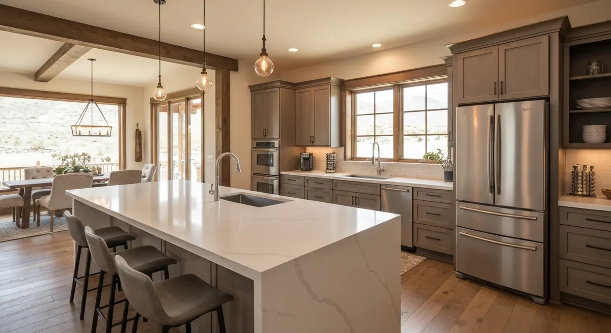 Custom quartz waterfall island installed by Alta Home Group in Draper Utah luxury kitchen