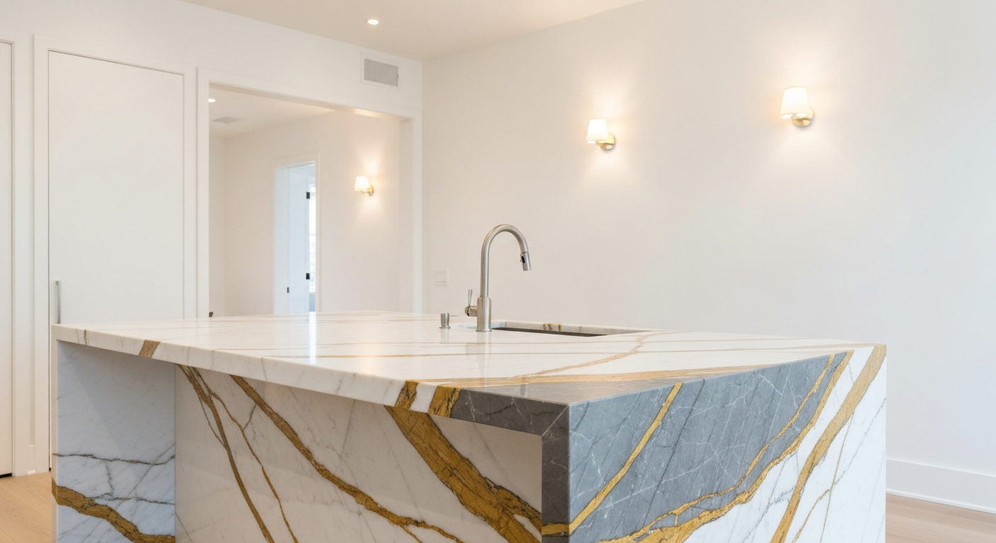 Dramatic Calacatta marble kitchen island