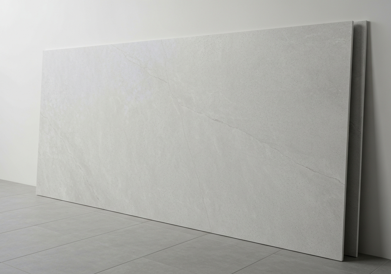 Large-format porcelain countertop slab in matte gray concrete finish for contemporary Utah kitchens