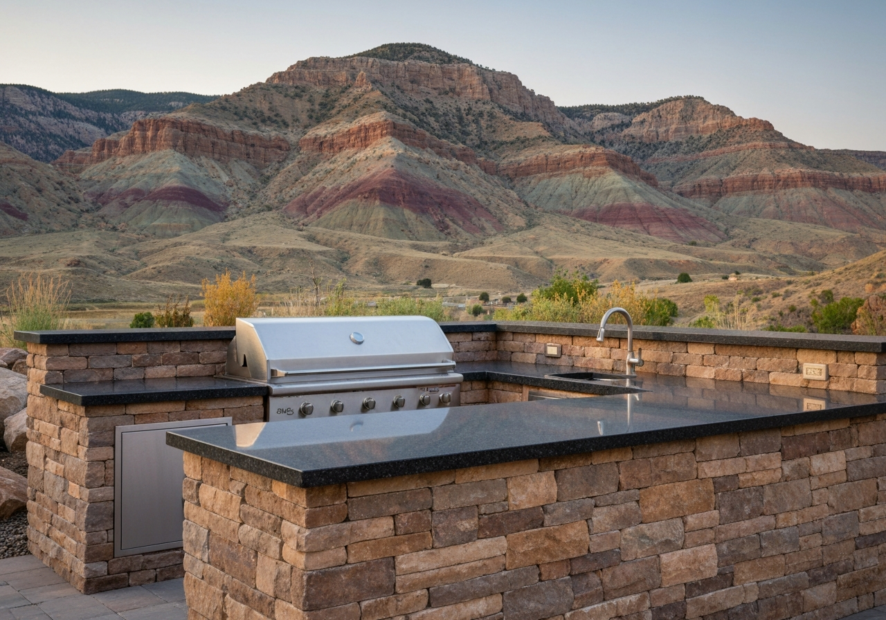 Granite outdoor kitchen countertop and bar surface installed in Utah backyard entertaining space