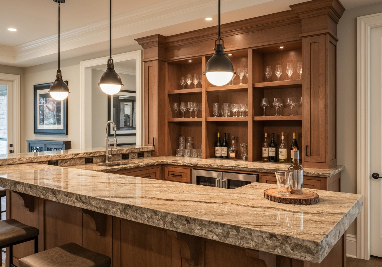 Custom stone bar and entertainment countertop surface installed in finished Utah basement