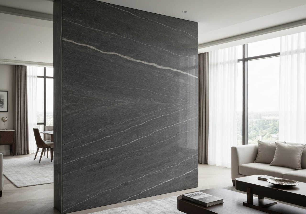 Natural stone feature wall with matching countertop installation in Utah luxury home