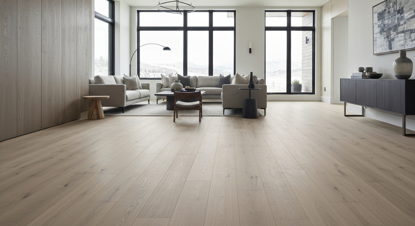 Premium wide-plank white oak hardwood flooring installed in a modern luxury living room in Utah
