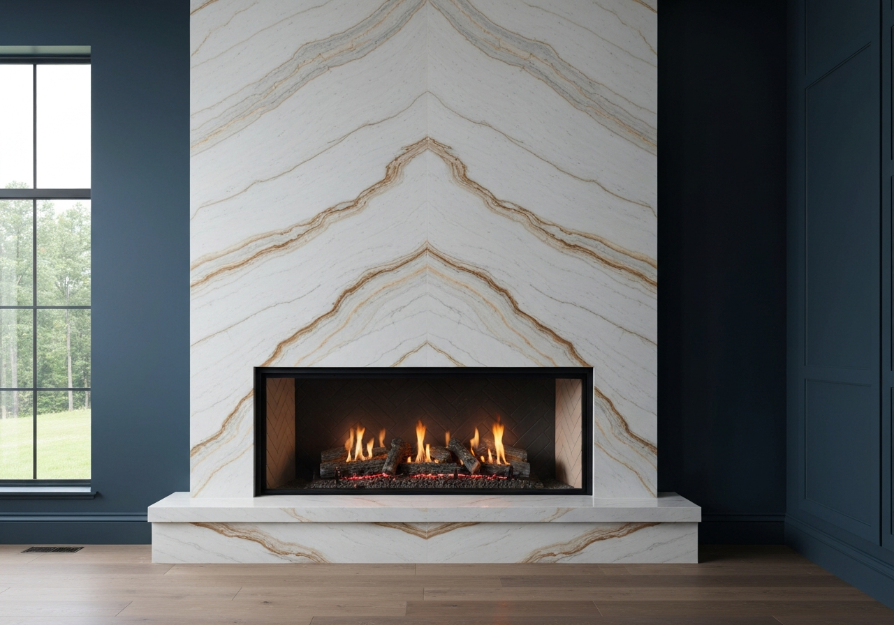 Natural stone fireplace surround and hearth installed by Alta Home Group in Utah home