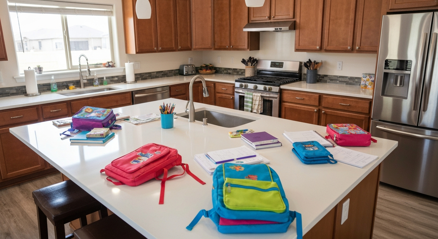 White quartz kitchen island with children's backpacks and homework visible — practical family kitchen in Utah home