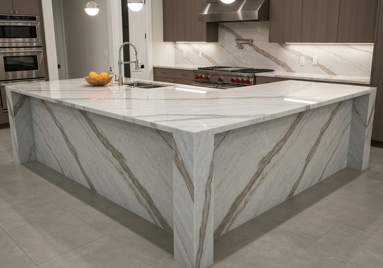 Custom quartz waterfall kitchen island with continuous stone side panel installed in Utah luxury home