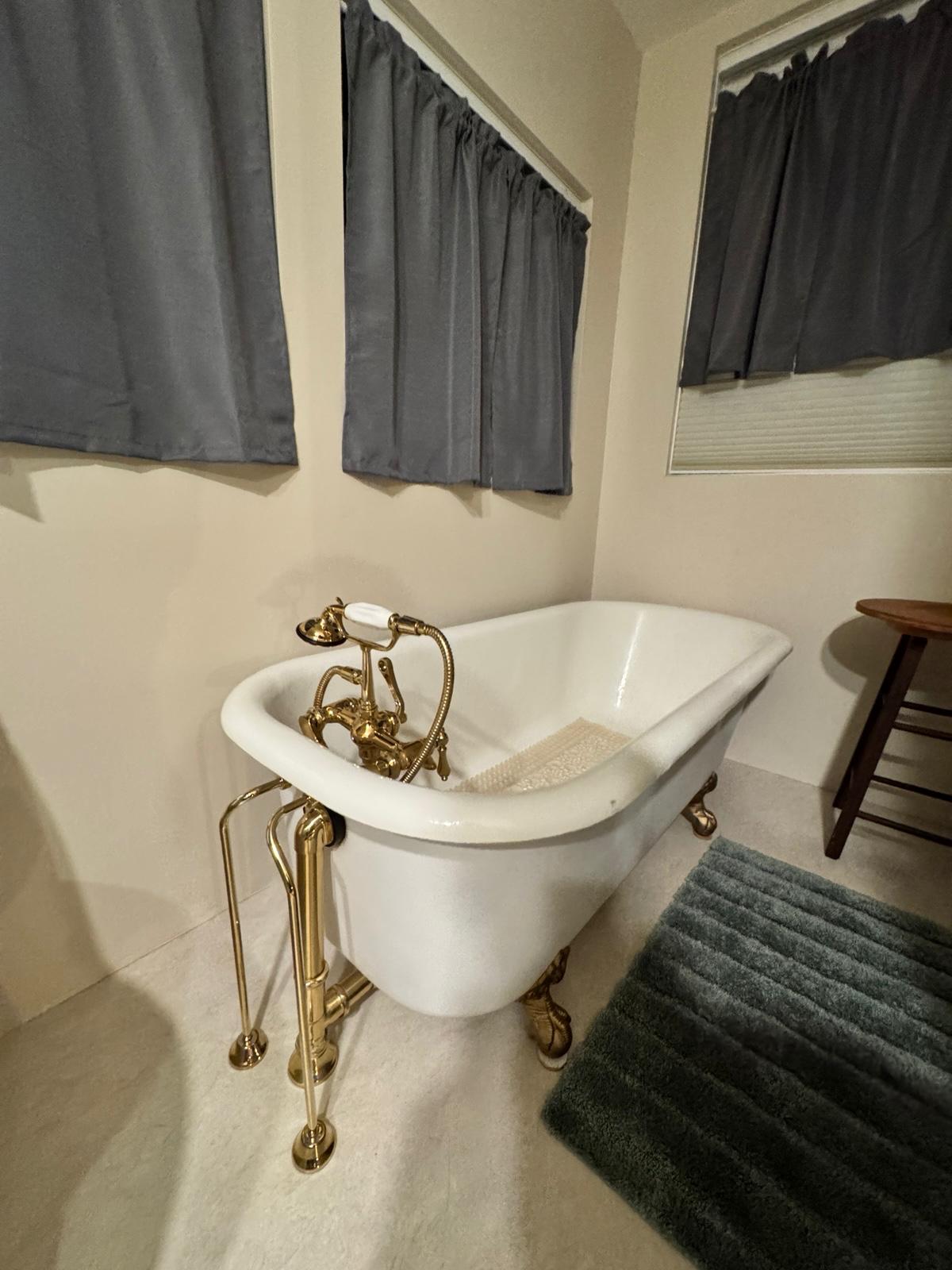 Close-up of a freestanding clawfoot tub and fixtures