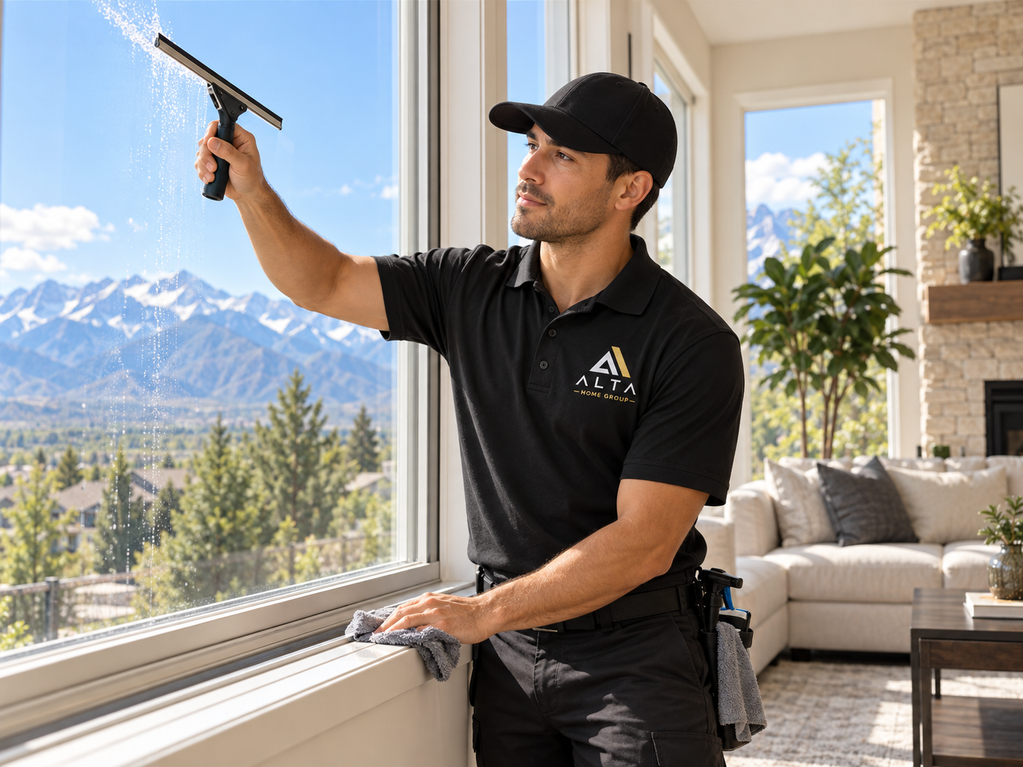 Professional residential window cleaning service in a Utah home