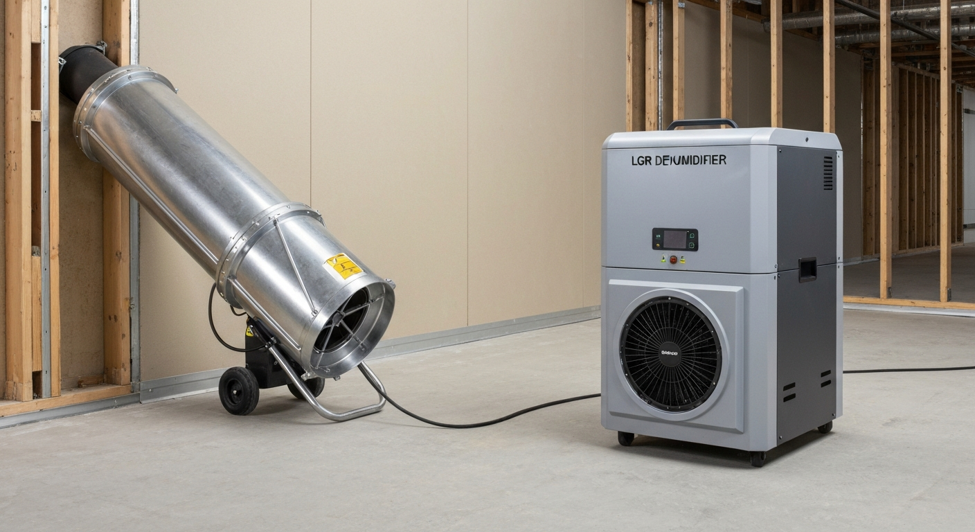 Active structural drying layout using an axial air mover and LGR dehumidifier in Chicago