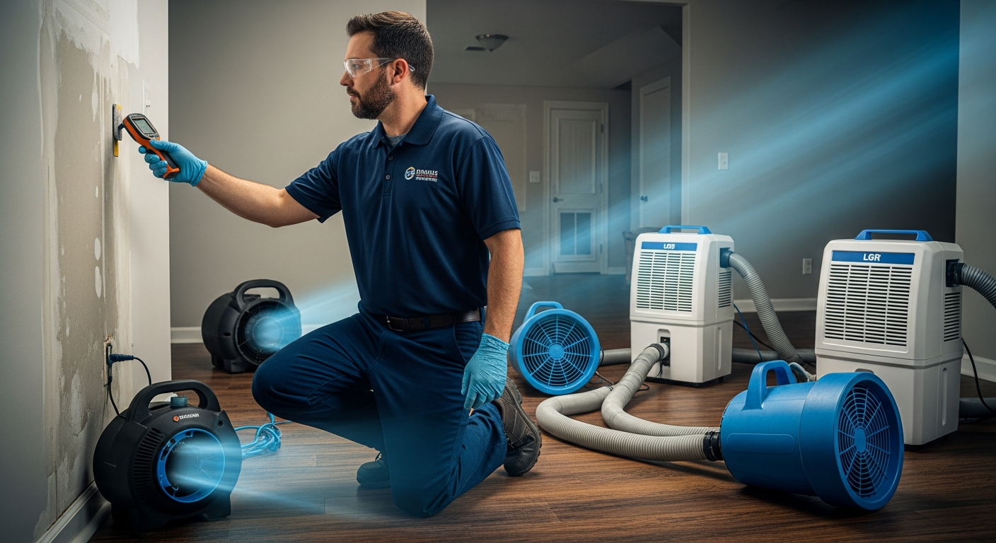 Certified Water Restoration Chicago technician deploying professional LGR dehumidifiers and high-velocity air movers to dry a flooded residential basement in Chicago, IL.