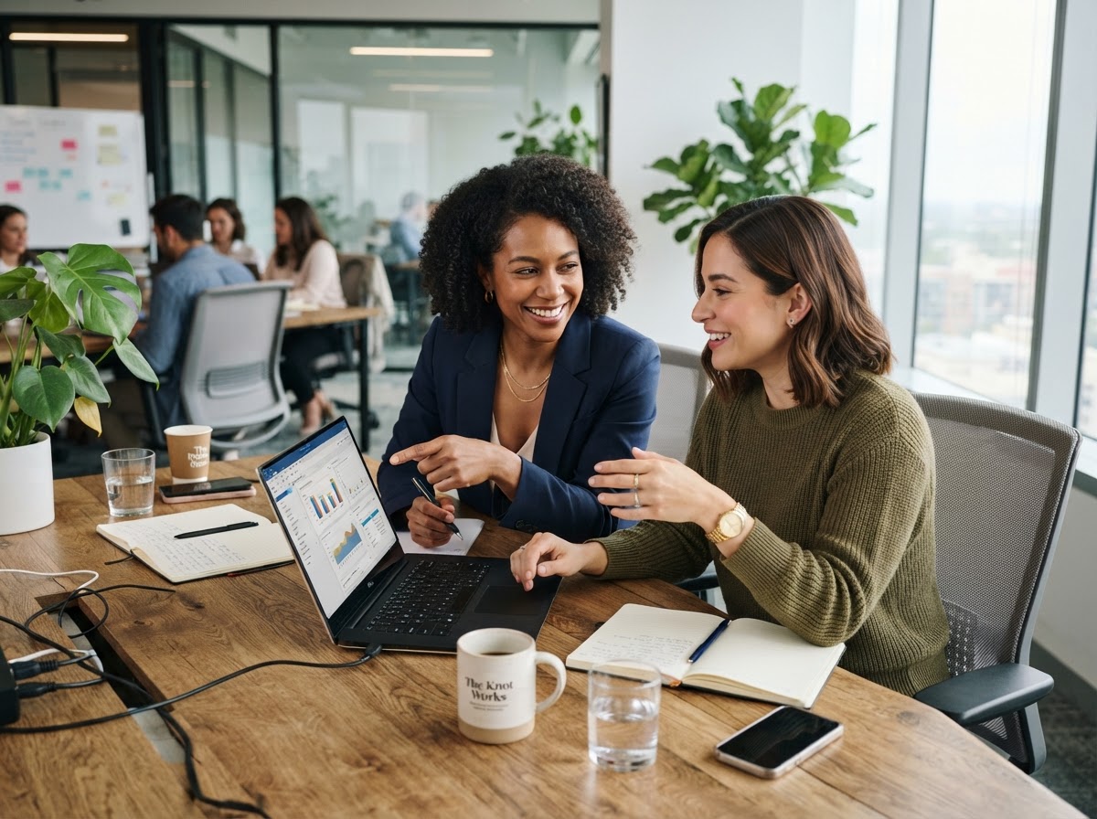 Two business consultants collaborating at a modern office desk
