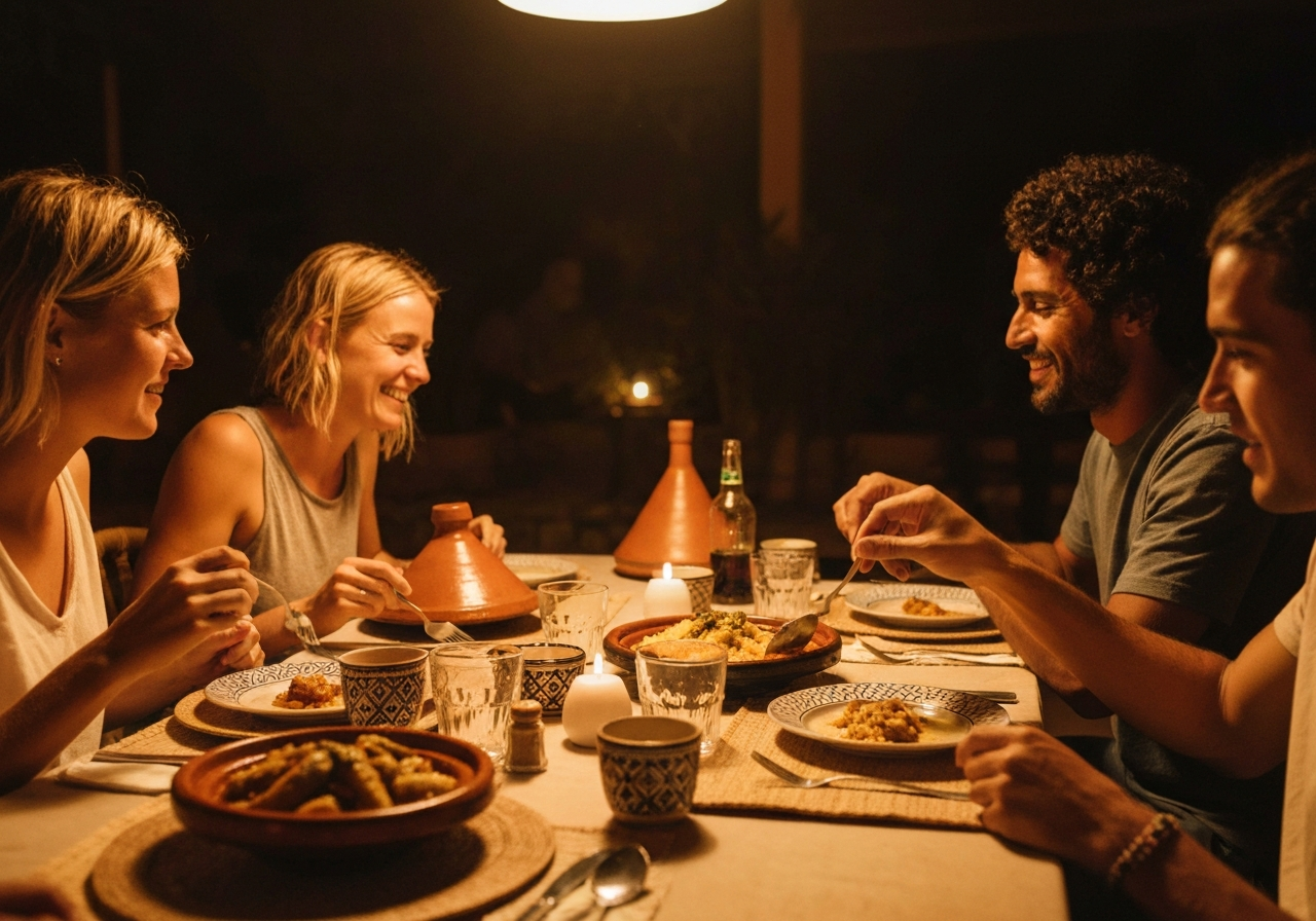 Shared Moroccan dinner at Golven Surf Morocco