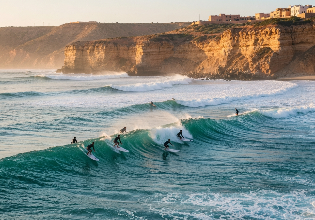 Atlantic waves at Taghazout surf spots near Golven Surf Morocco