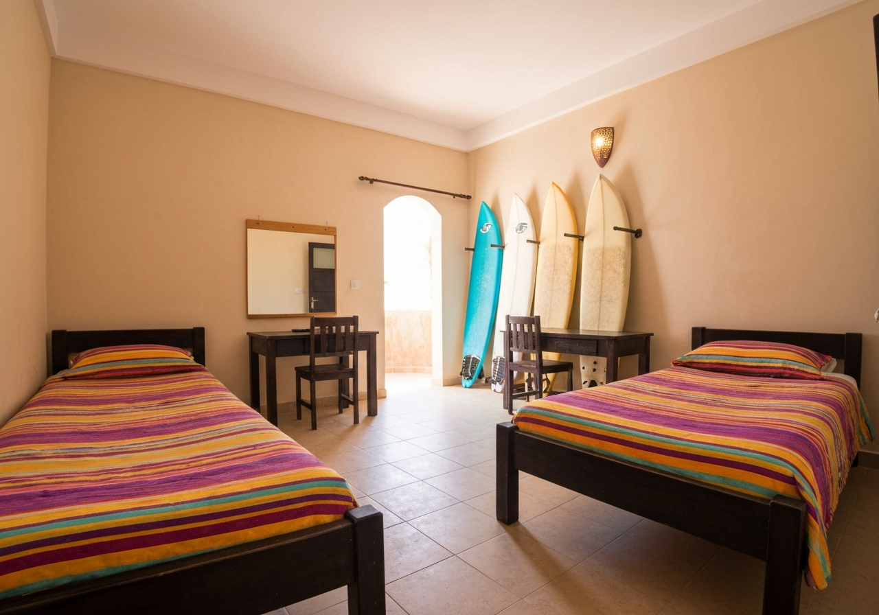 Moroccan surf camp dormitory with surfboards