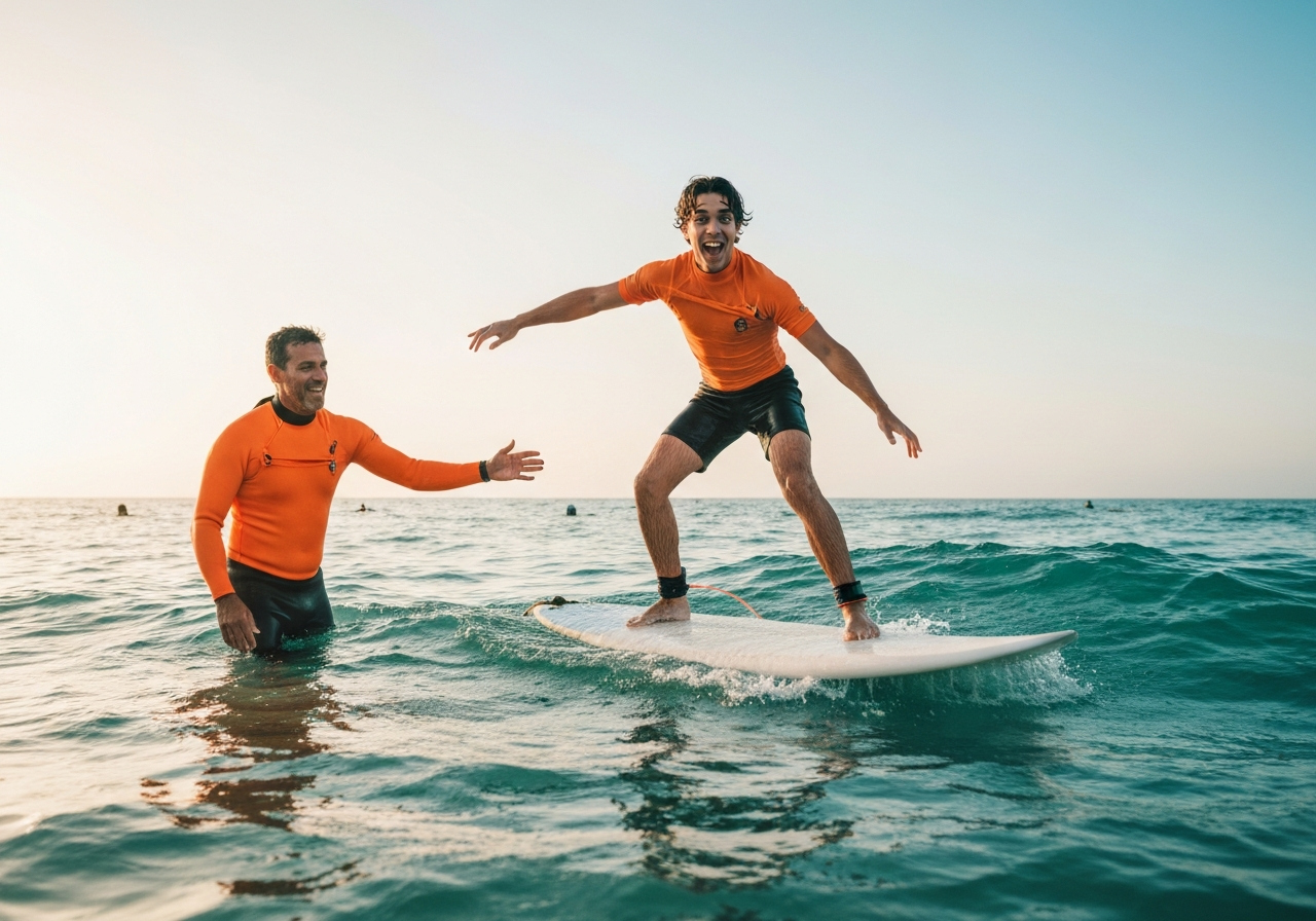 Beginner surfer standing on surfboard in the ocean