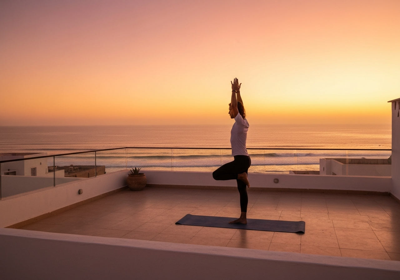 Yoga session on the rooftop after surf at Golven Surf Morocco