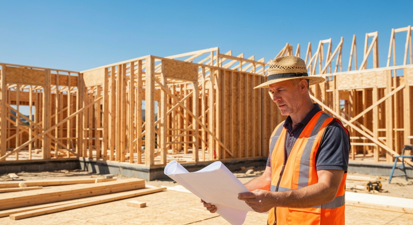 Home under construction with framing visible, financed with a home construction loan