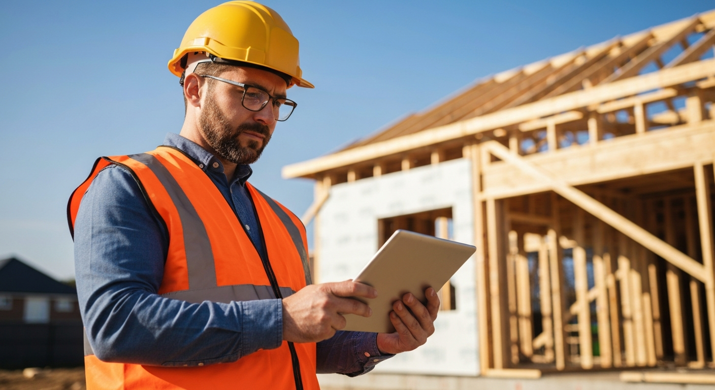 A professional bank inspector wearing a hard hat and high visibility vest on a construction site