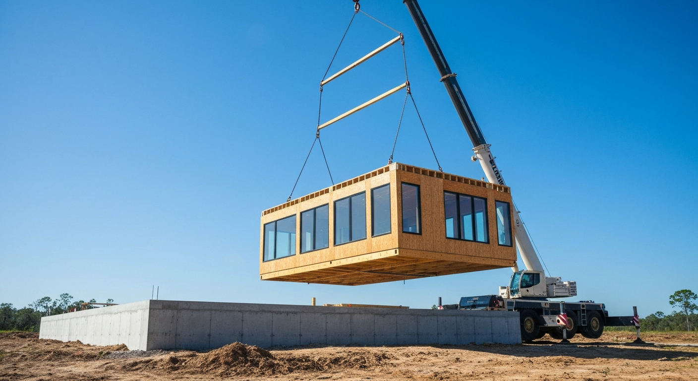 A modular home section being craned onto its foundation on a Florida build site