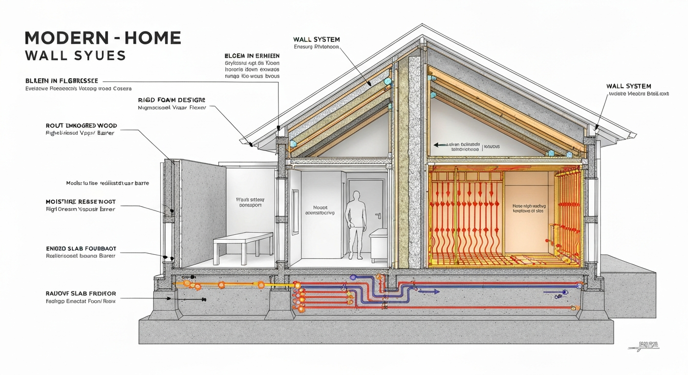 Architectural diagram of modern home insulation layers and energy flow