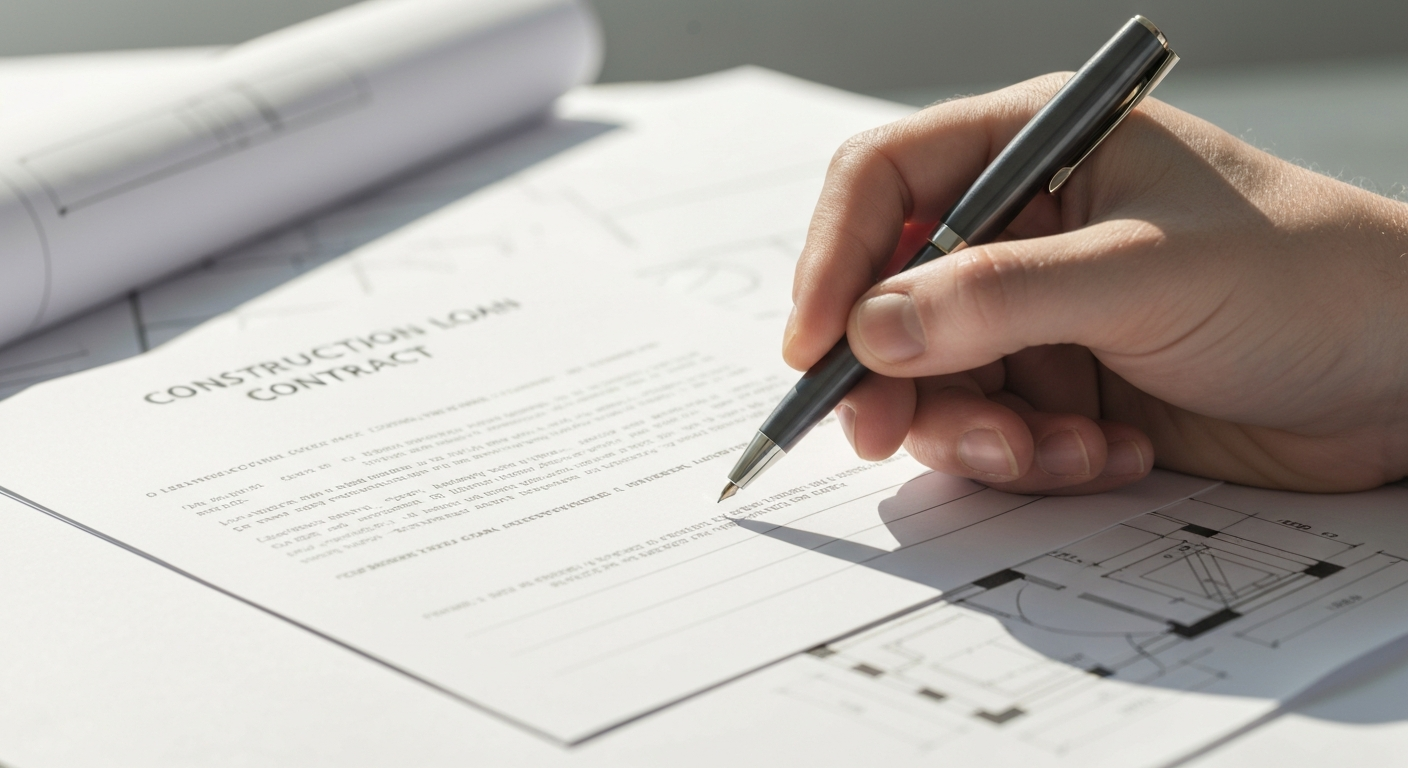A professional close-up of a construction loan contract being signed with a premium pen on top of blueprints