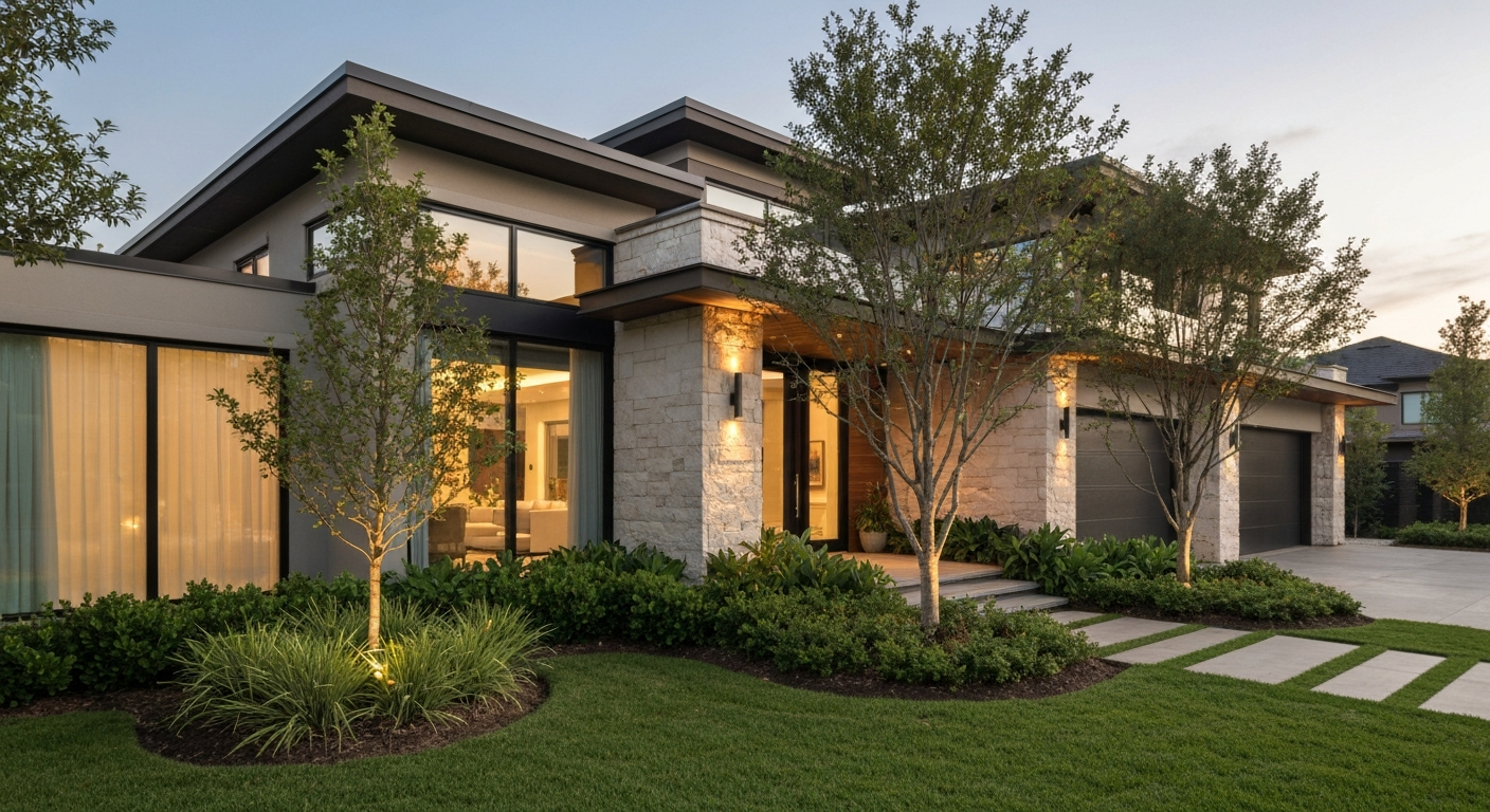 A beautiful modern completed home exterior with elegant landscaping and warm lighting, representing the final product of a successful construction project