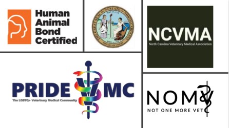 Certifications and Affiliations including Human Animal Bond Certified, NCVMA, Pride VMC, and NOMV