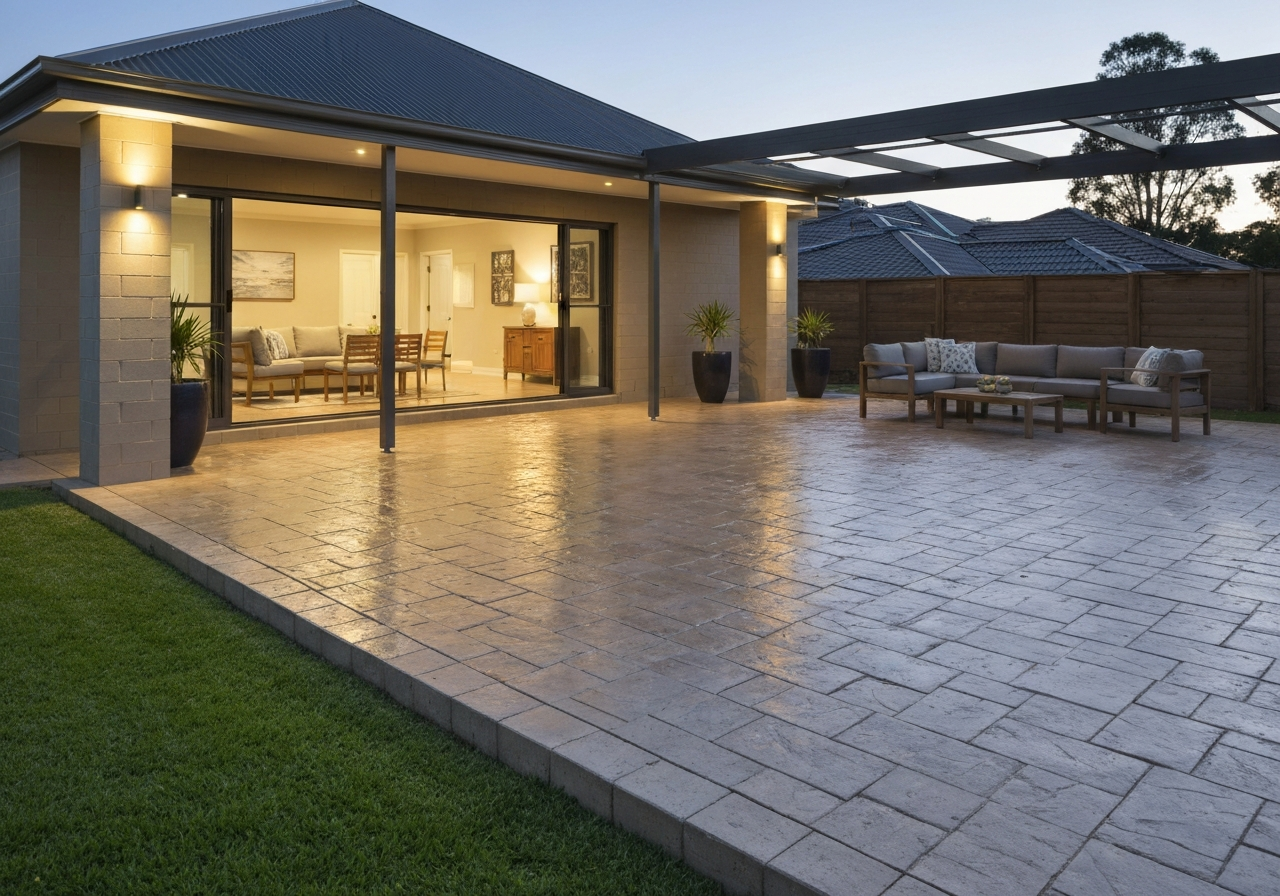 Outdoor patio and pathway finished with decorative flake coating