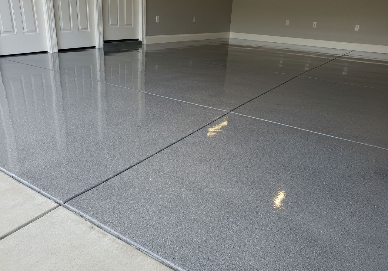 Grey flake epoxy garage floor coating installed in a Gold Coast home