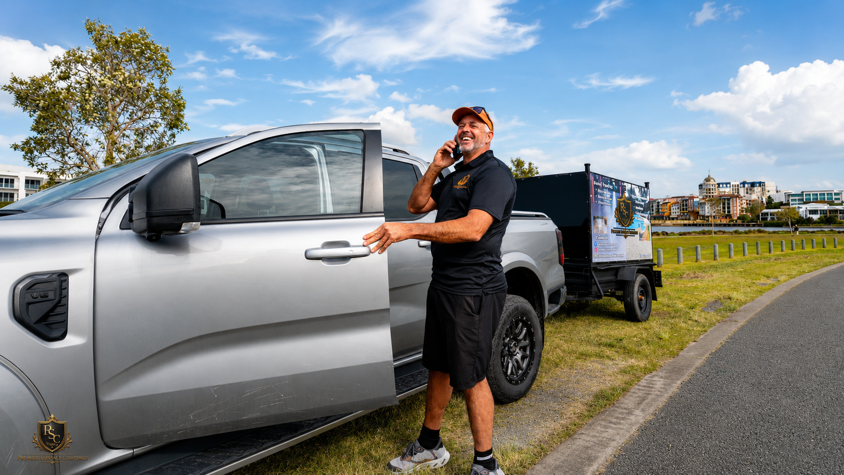 Shane Smith owner of Premier Surface Coatings standing with his work vehicle and trailer on the Gold Coast
