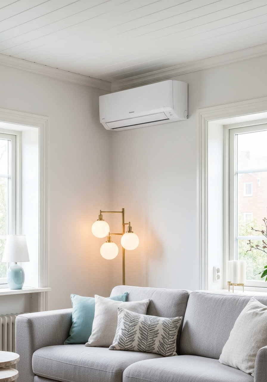 Moderne og effektiv varmepumpe montert høyt på veggen i et skandinavisk hjem