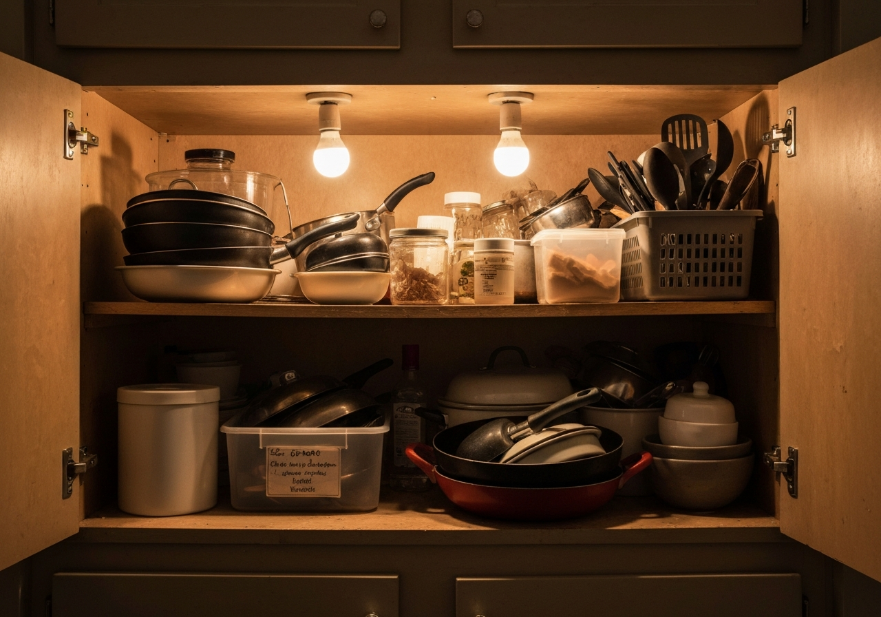Cluttered, dark kitchen cabinet before organization