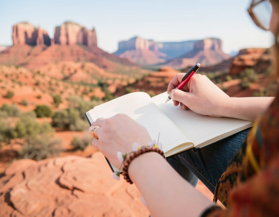 Writing in a journal overlooking Sedona red rocks