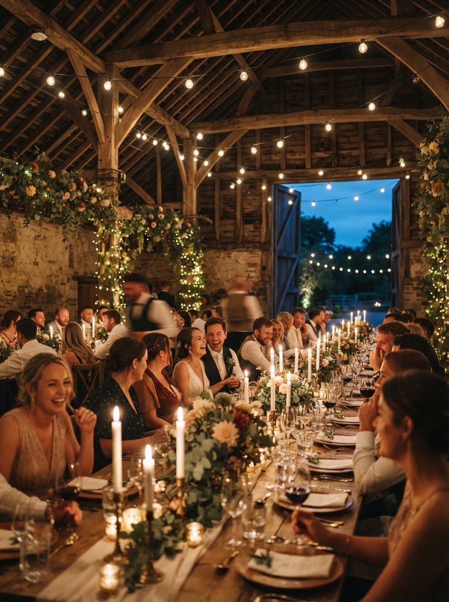 Barn wedding venue at night lit by string lights