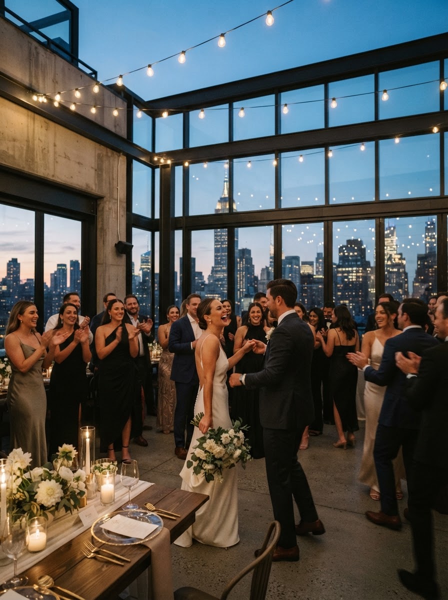 Modern industrial rooftop wedding venue at dusk