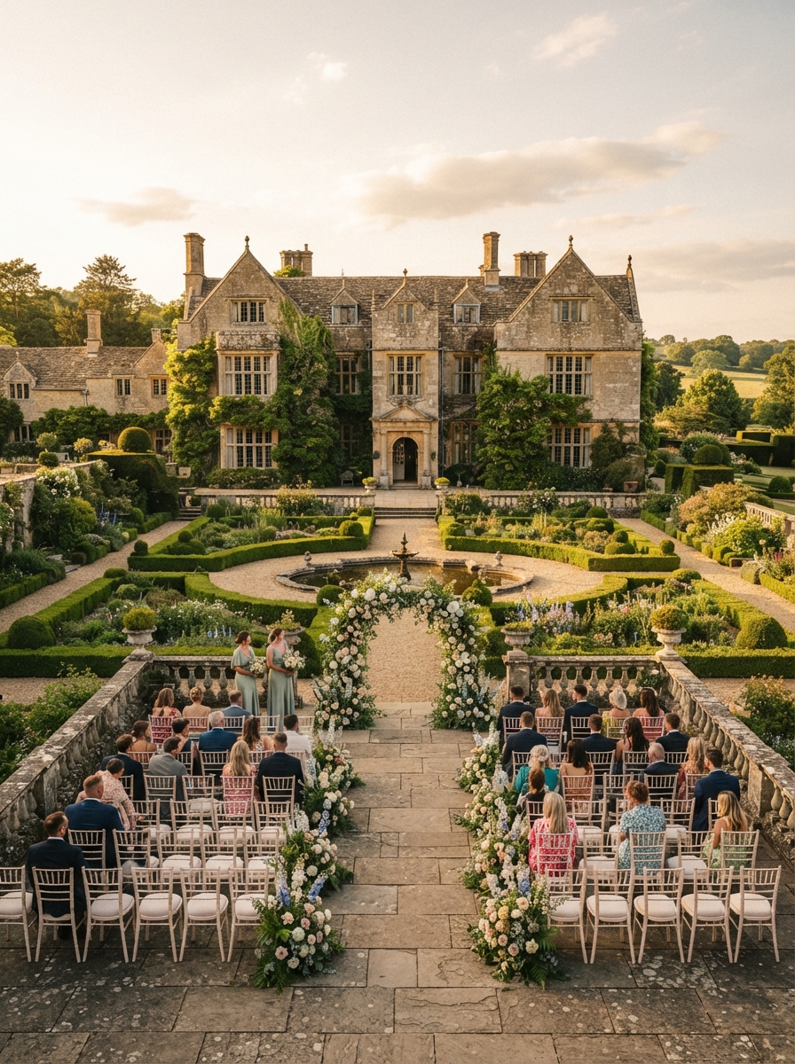 Historic estate wedding venue with formal garden at golden hour