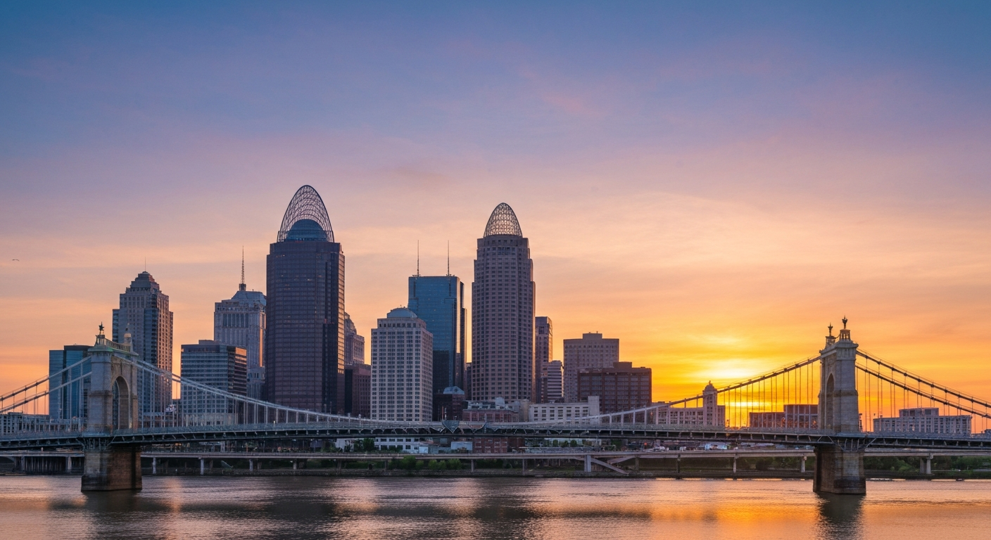 Cincinnati Skyline and Roebling Bridge