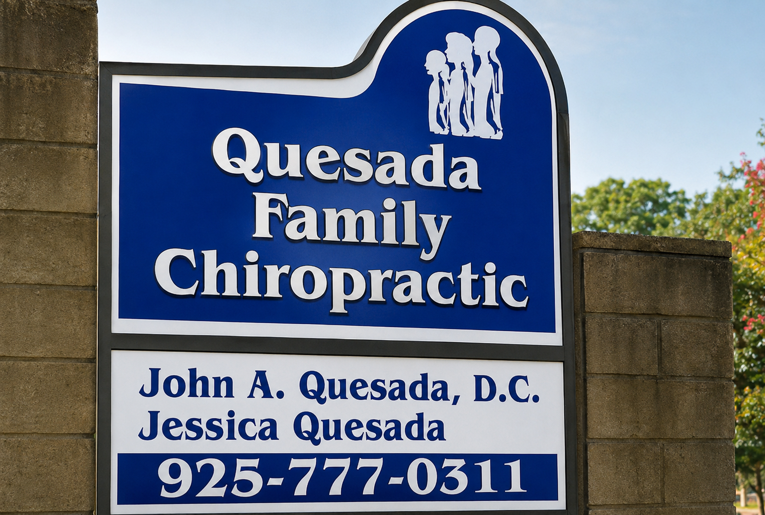 Quesada Family Chiropractic sign showing John A. Quesada D.C. and Jessica Quesada in Antioch, CA